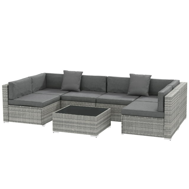 CoSoTower 7pc Garden Wicker Sectional Set w/ Tea Table Patio Rattan Lounge Sofa Outdoor Deck Furniture Grey