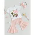 thumbnail image 2 of Bagilaanoe 3Pcs Baby Girl Summer Clothing Sets Toddler Letters Print Short Sleeve T-shirt Tops + Flare Trousers + Headband 6M 9M 12M 24M 3T 4T Kids Casual Pants Set, 2 of 7