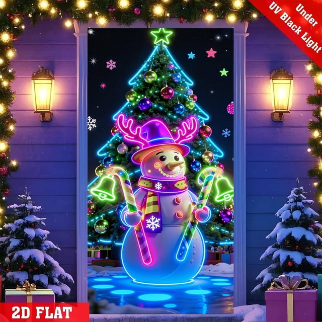 Cubierta de puerta de poliéster, decoración navideña fluorescente, con estampado de Papá Noel y árbol, pancartas festivas para interiores y exteriores, fiestas navideñas, decoración del hogar, decorac
