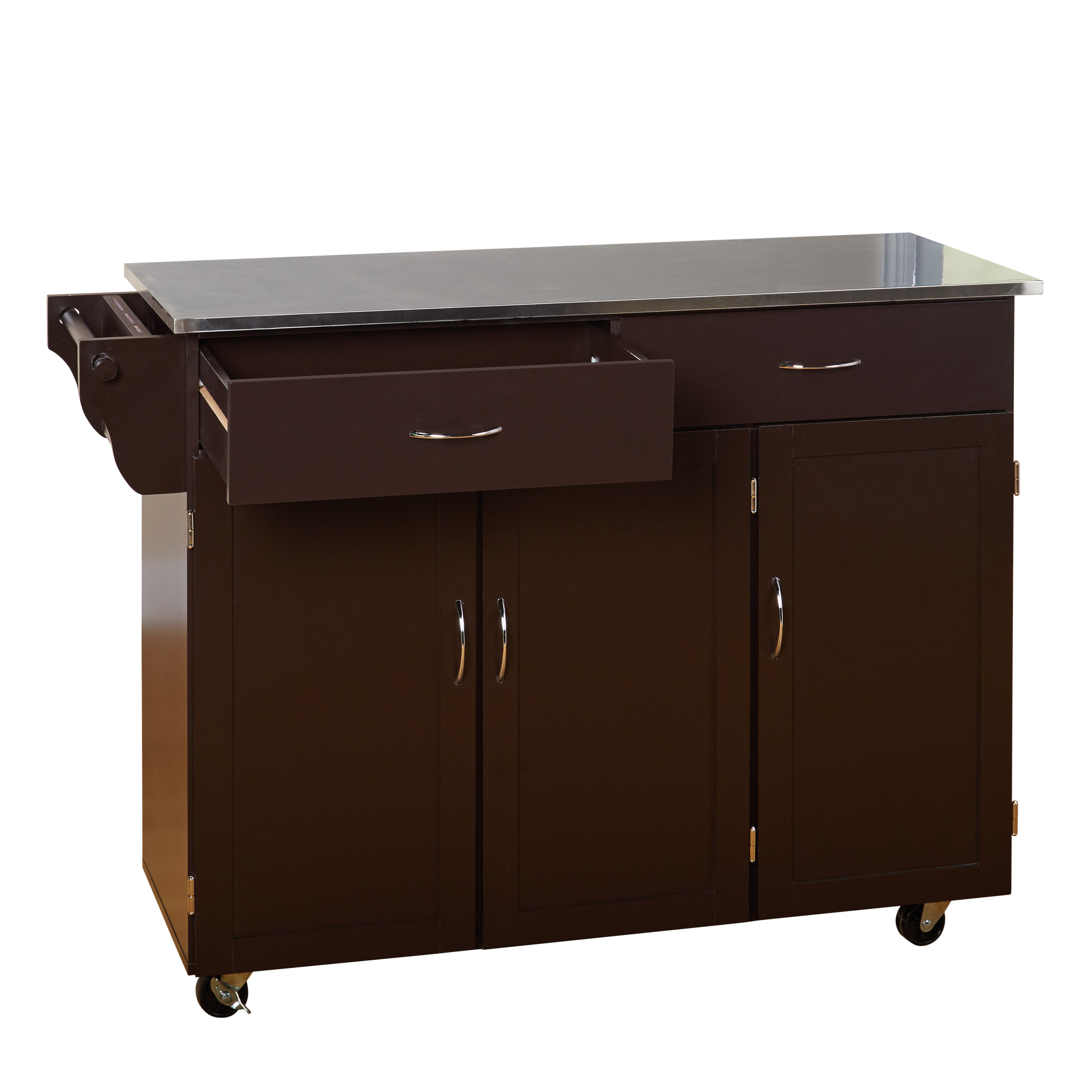 TMS Extra Large Rolling Kitchen Cart with Stainless Steel Top, Cabinets, Drawers, Adjustable Shelf, and Knife Block, Espresso
