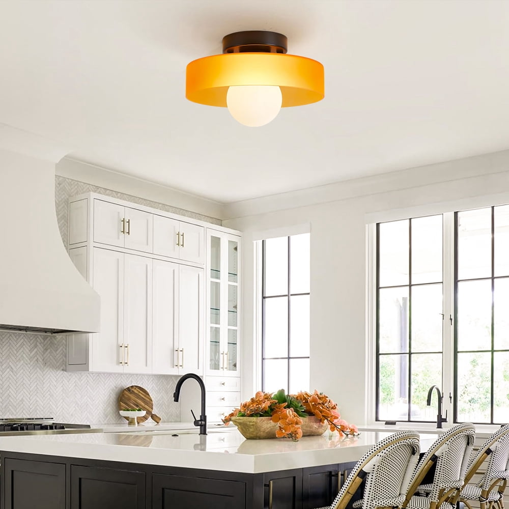 Mid-Century Modern Semi Flush Mount Ceiling Light, Kitchen Ceiling Light Fixture with Glass Shade,Vintage Close to Ceiling Lamp for Entryway Hallway Bathroom