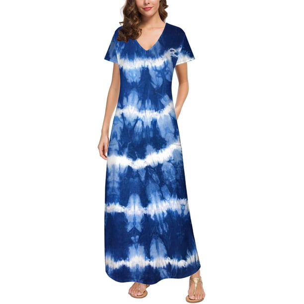 Puntoco Vestido De Manga Corta Con Cuello En V, Vestido Largo Hasta El Suelo De Verano Para Mujer, Vestido Largo Informal Suelto Con Bolsillos, Abertura De Manga Corta, Azul Xxxl