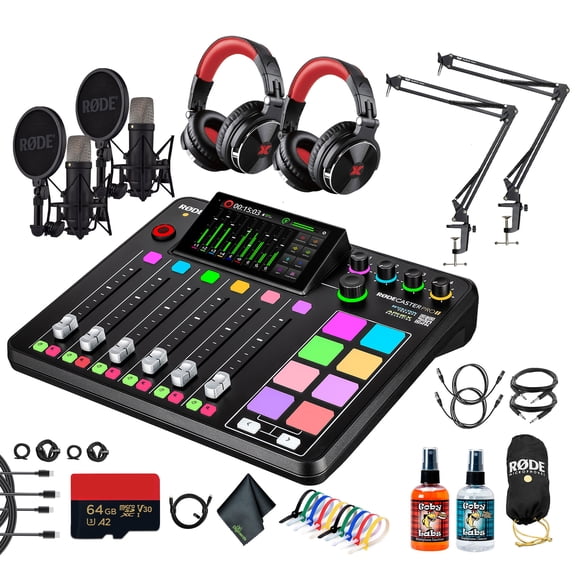 RODE RODECaster Pro II + 2x Studio Headphones + 2x RODE NT1 5th Gen Podcast Microphone + 64GB Micro SD Memory Card + 2 x Mic Arm Stand + Cable Ties + Replacement Cables + More (Bundle)