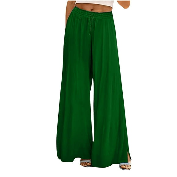 Timegard Womens Wide Leg Pants Elastic High Waist Side Split Casual Loose Comfy Pants Fall Vacation