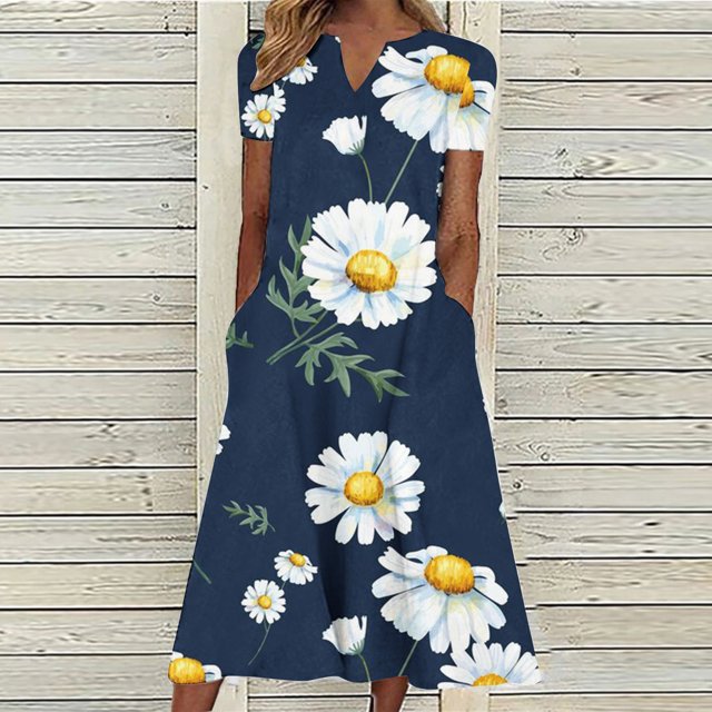 SMihono Robe d'Été Bohème pour Femmes Grande Taille Mode Décontractée d'Été avec Poches Manches Courtes Imprimée Col en V