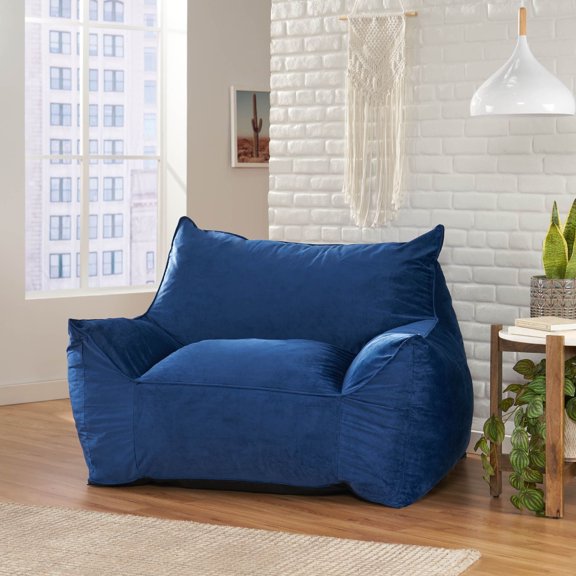 Velvet Bean Bag Chair with Arms - Navy Blue, Plush Lounge Floor Sofa with Back Support for Adults & Kids, Removable Washable Cover, High-Density Foam Filled