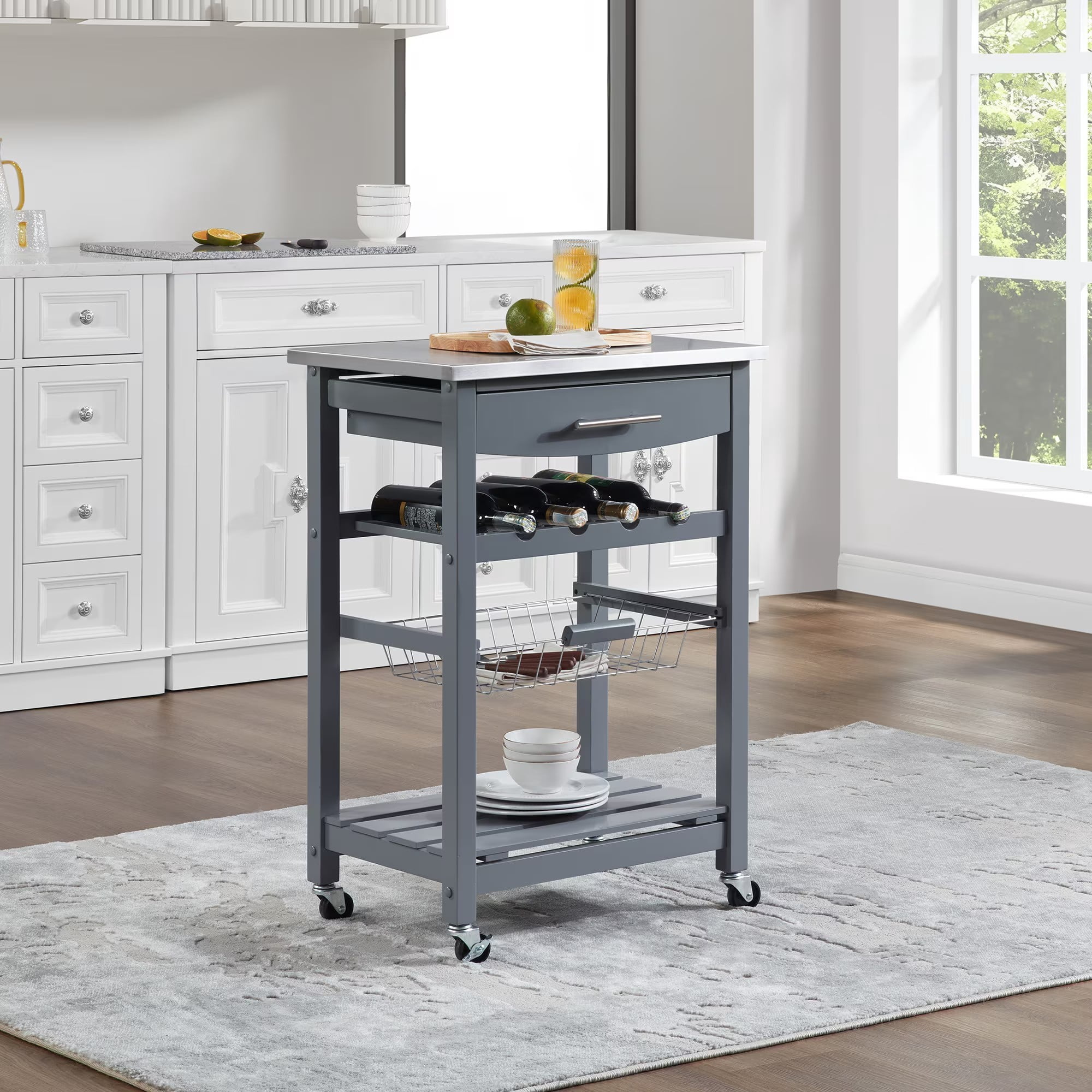Mobile Rolling Kitchen Island Cart with Stainless Steel Top, Kitchen Trolley with Drawer, Slide-Out Wire Basket, Lockable Wheels, Portable Serving Cart for Kitchen, Dining Room, Grey