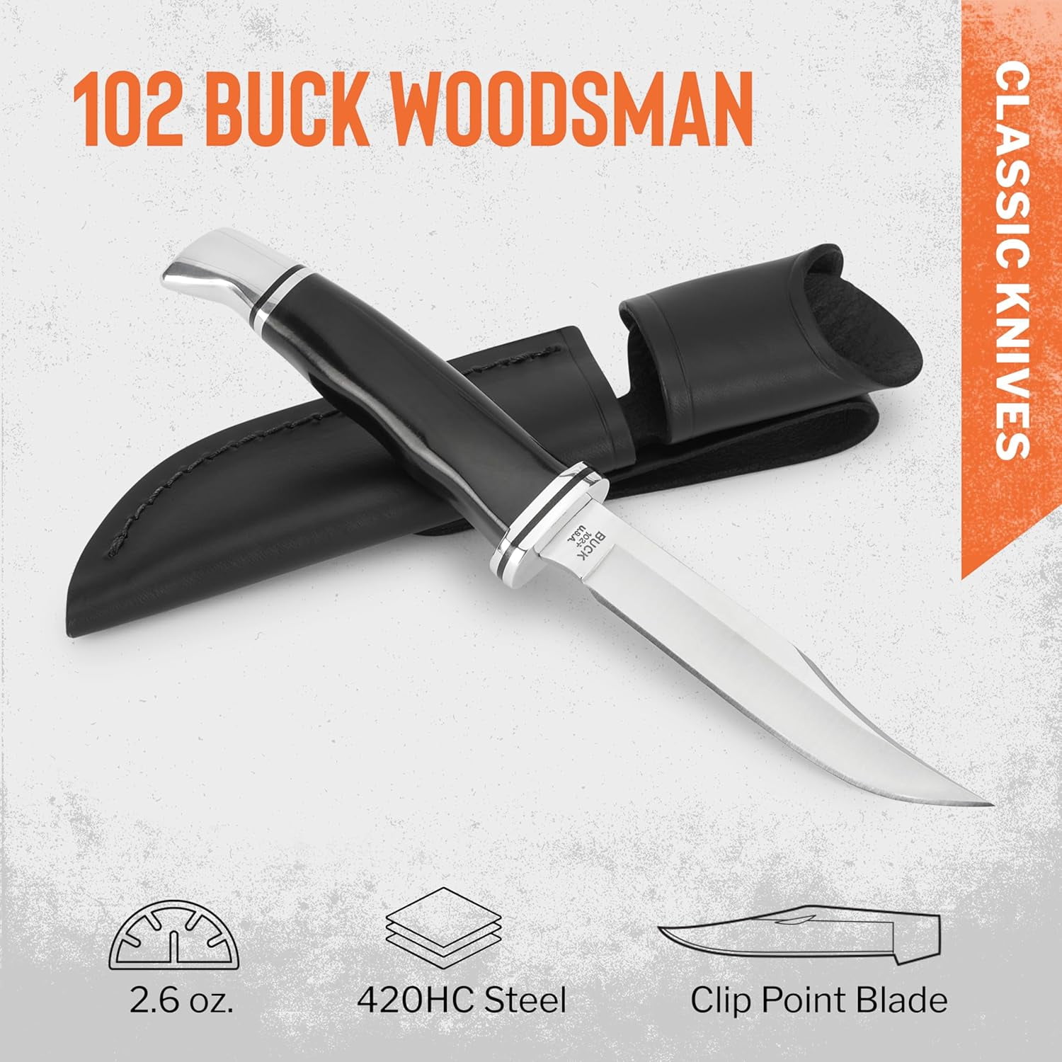 Buck Knives 102 Woodsman Hunting Knife, 4" Fixed Blade, Phenolic Handle, 2.6 oz