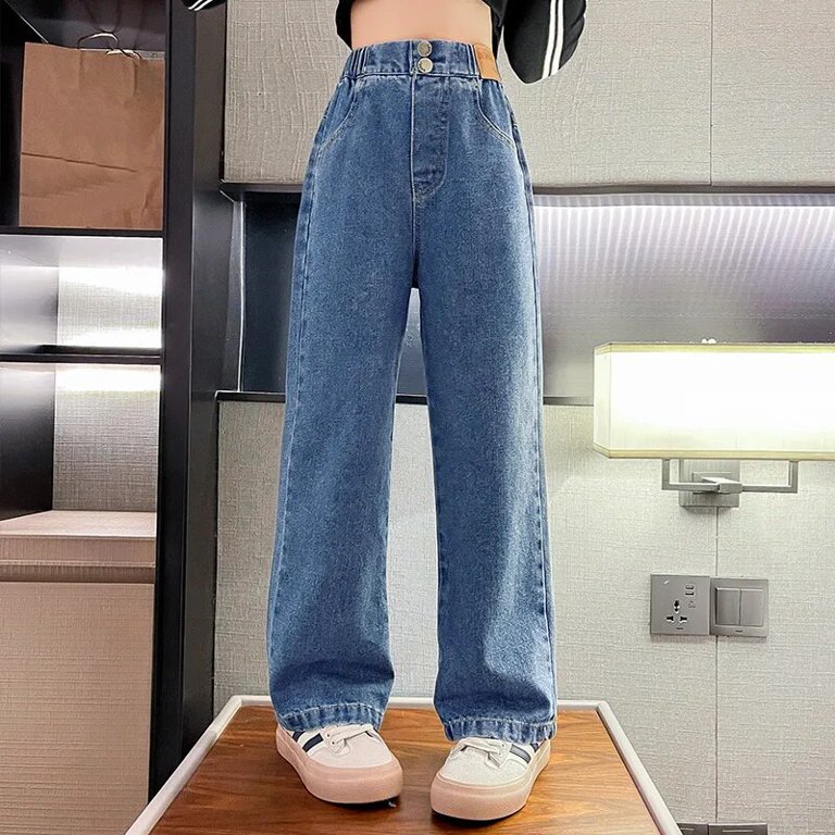 【Anyone more】Kid Washing Long Wide Autumn Denim Pants Girls Jeans Autumn Casual Loose Side Gradient Color Young