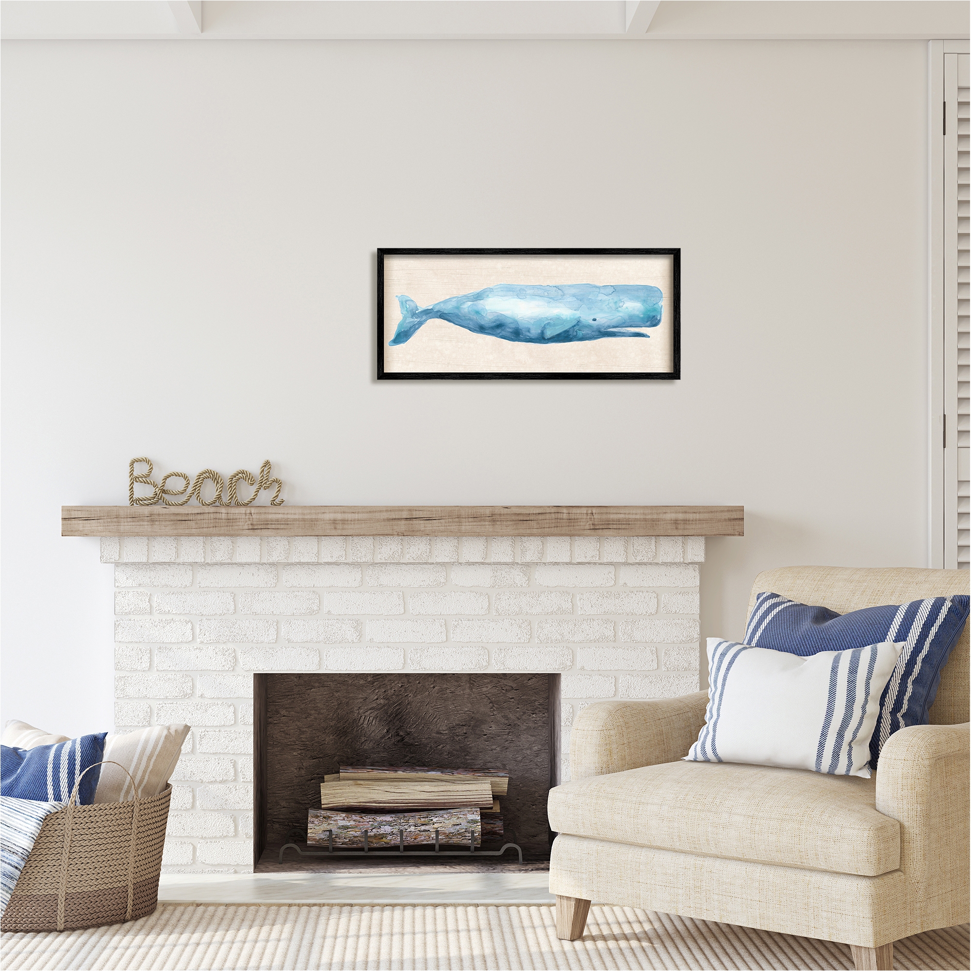 Stupell Industries Rustic Blue Whale Animals & Insects Painting Black Framed Art Print Wall Art, 30 x 13