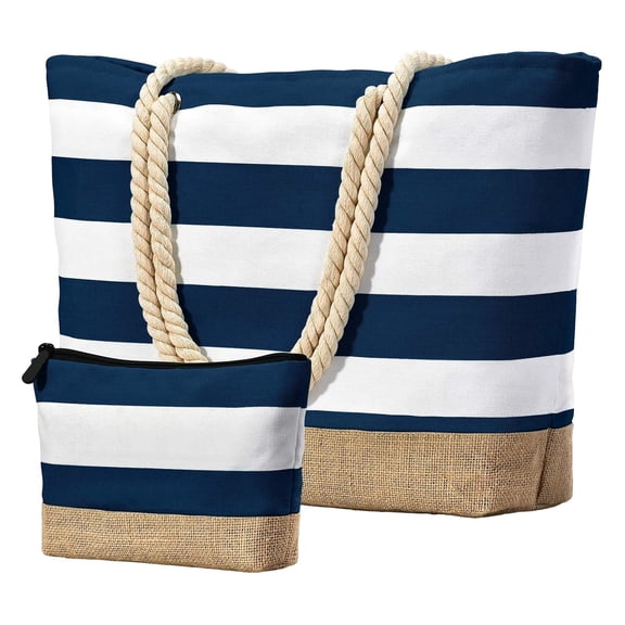 Women's Striped Canvas Shoulder Bags Large Capacity Beach Tote Bags with Pouch,for Women,for Summer Vacation Pool Travel Daily Use