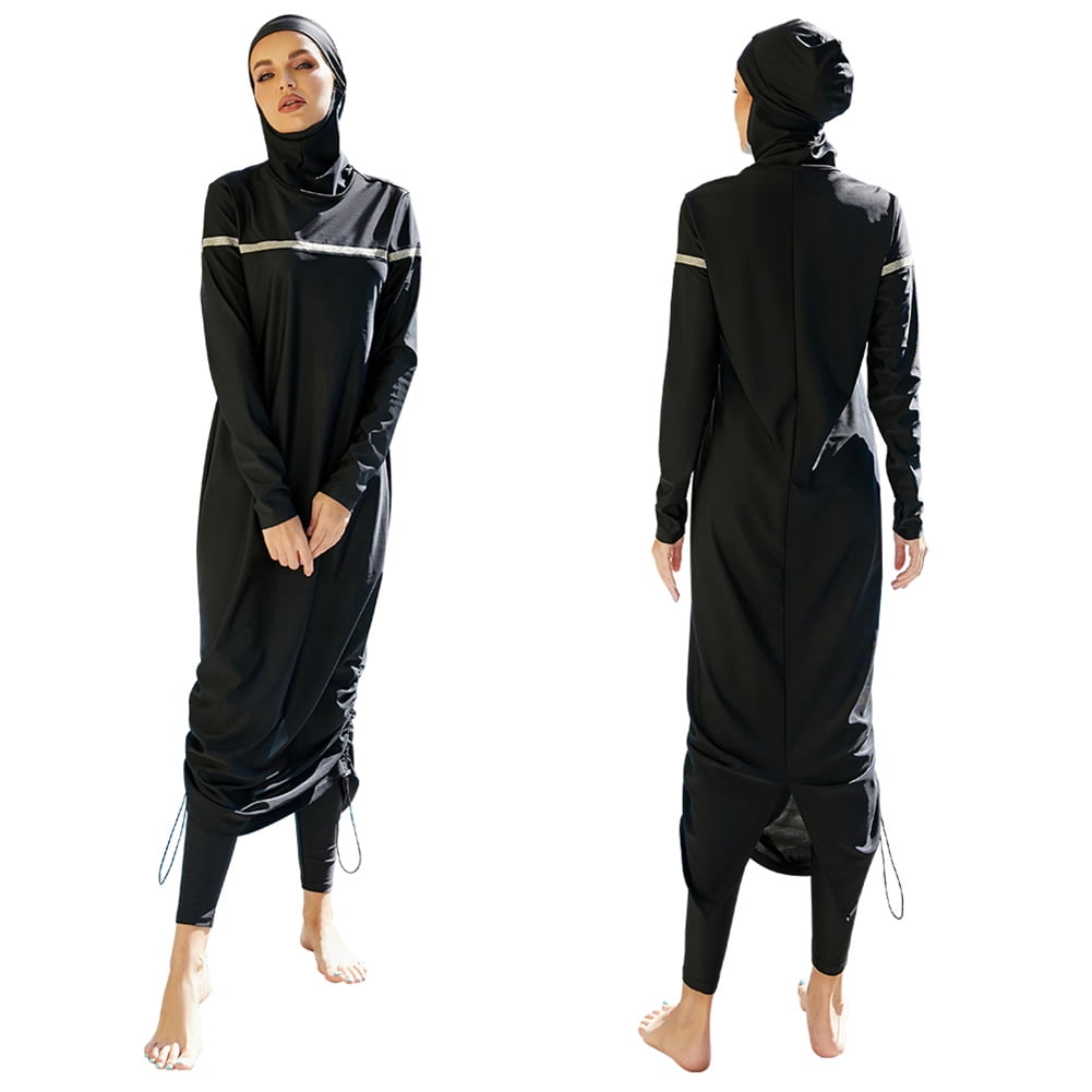 IBTOM CASTLE Muslim Swimsuits for Women Modest Islamic Arabic Swimwear Burkini Full Cover Hijab Top Pants Swimming Cap Bathing Suits XL Black + White