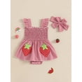 thumbnail image 3 of Loicainy Baby Toddler Girl Plaid Romper Dress 3 6 12 18 Months Strawberry Smocked Fly Sleeve Bodysuit with Headband 2 Pcs Summer Outfit, 3 of 8