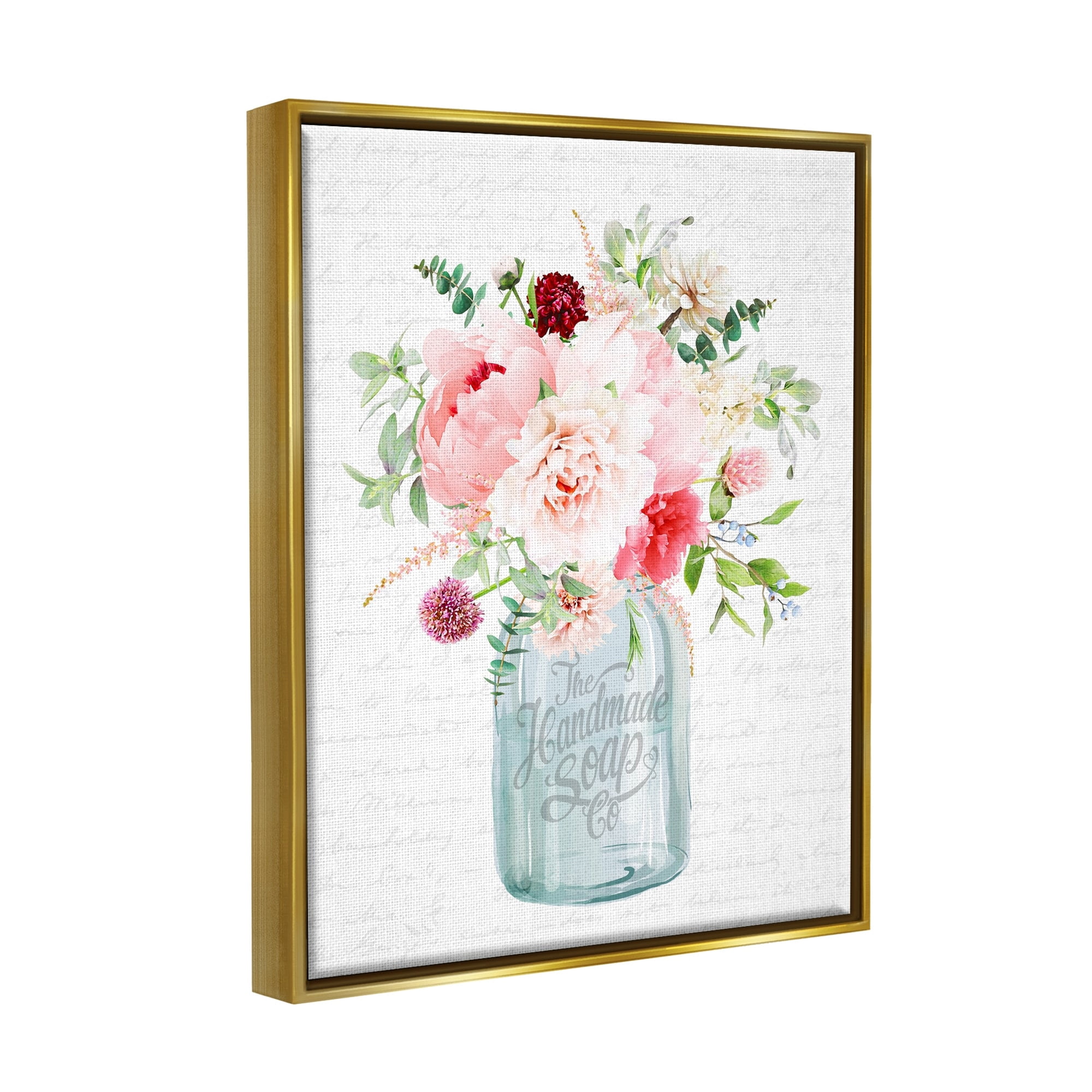 Stupell Industries Bright Pink Floral Bouquet Cursive Script Pattern Graphic Art Metallic Gold Floating Framed Canvas Print Wall Art, Design by Lettered and Lined
