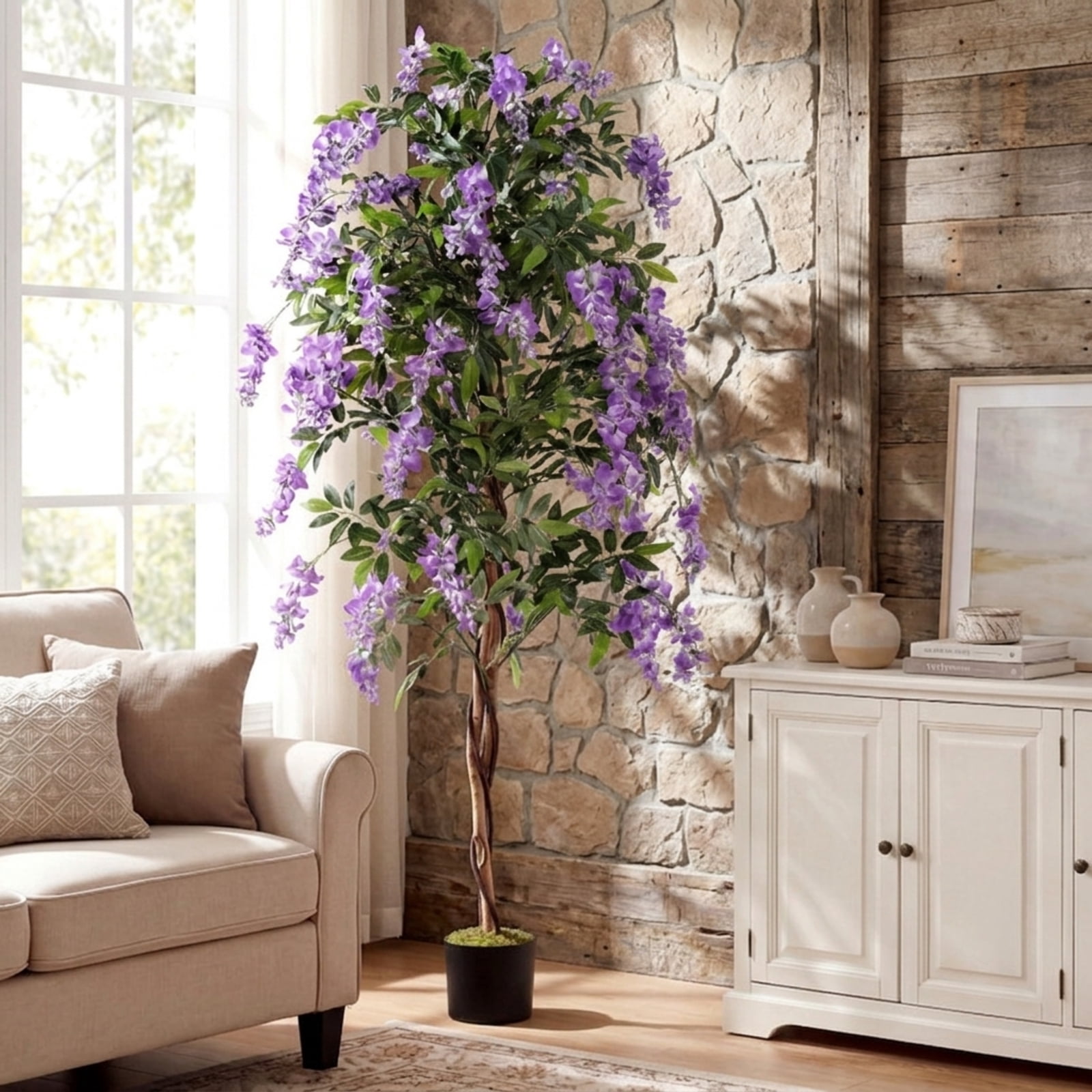 Vebreda Artificial Plant Decor, Set of 1/2 Fake Ficus Plant 6 FT Artificial Wisteria Tree with Natural Trunks and Purple Lifelike Flowers