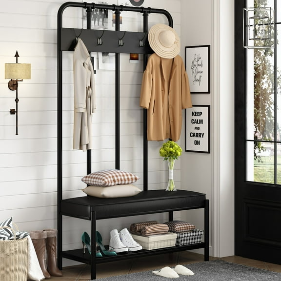 Amolife 4 in 1 Freestanding Hall Tree with 5 Hooks Coat Rack Shoe Bench, Entrance Bench with Storage Rack, Black