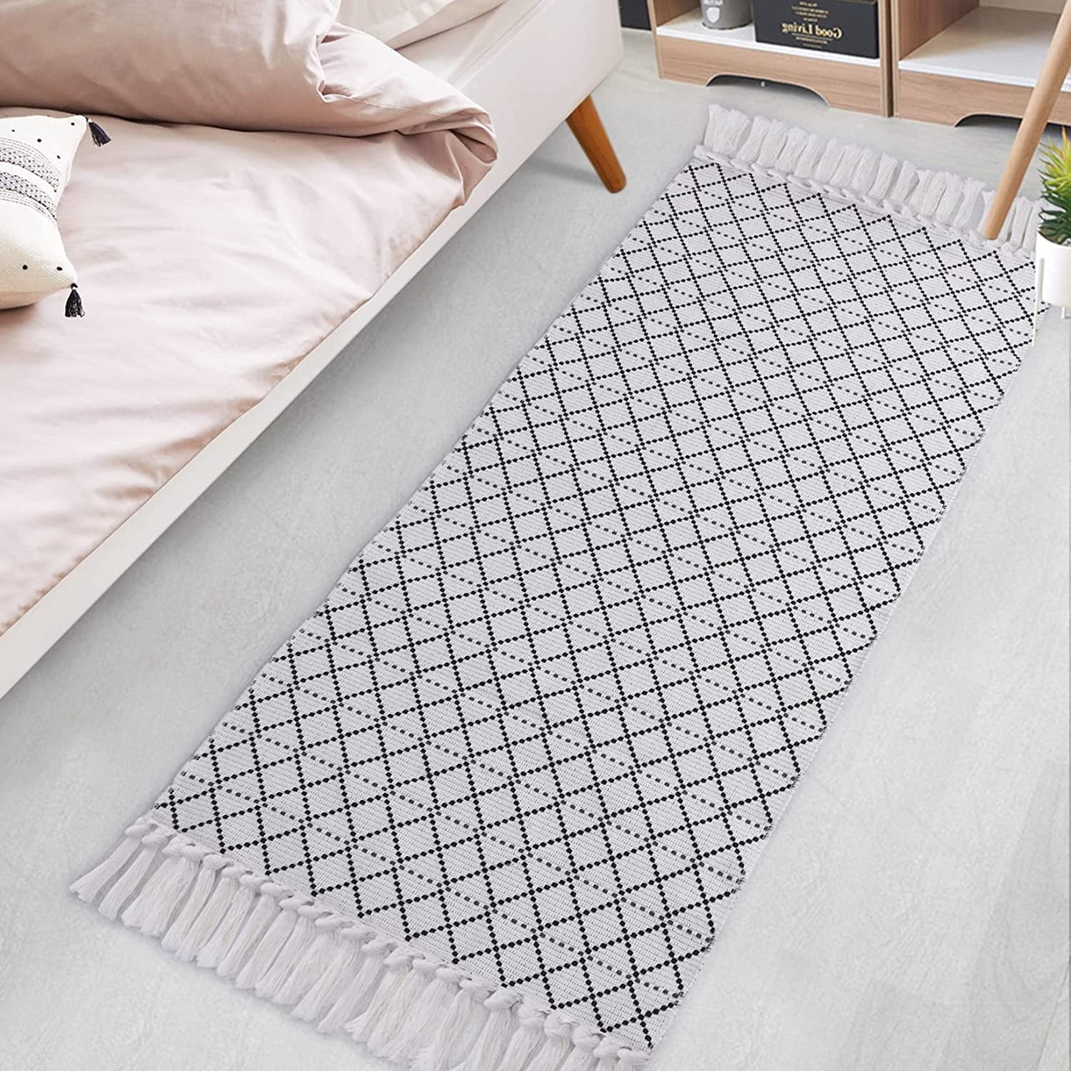 Lahome Boho Kitchen Runner, 2x4.3 Bathroom Runner Rug Lightweight Entryway  Rug Woven Cotton Throw Mat with Tassels, Farmhouse Non-Shedding Washable