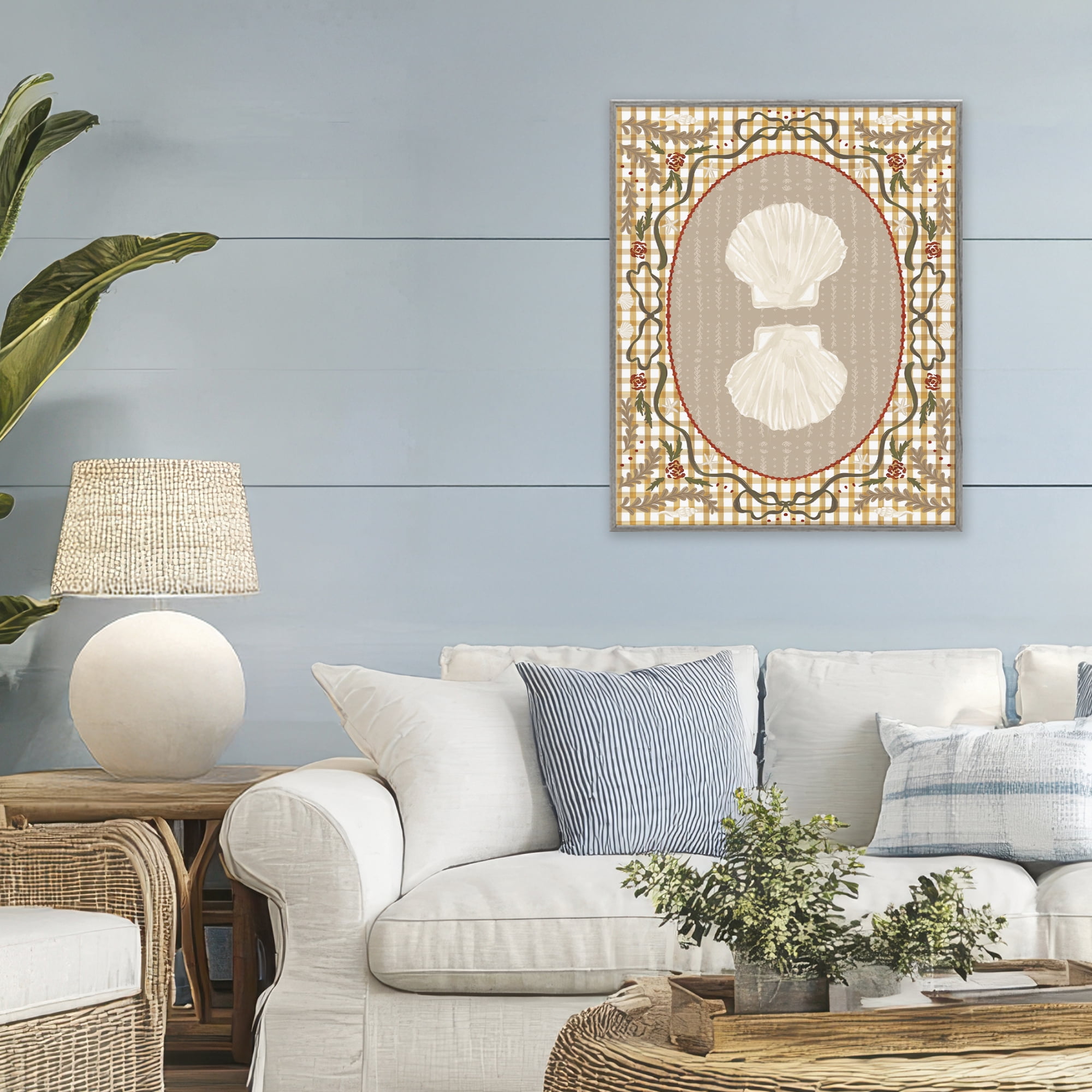 Stupell Industries Vintage Shells on Gingham Gray Framed Giclee Art, design by Vero Illustrates