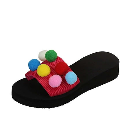 

Fuzzy Slippers Women S Sandals Wedge Heel Outer Wear Colorful Fur Balls Easy To Put on and Take off Slippers Home Shoes