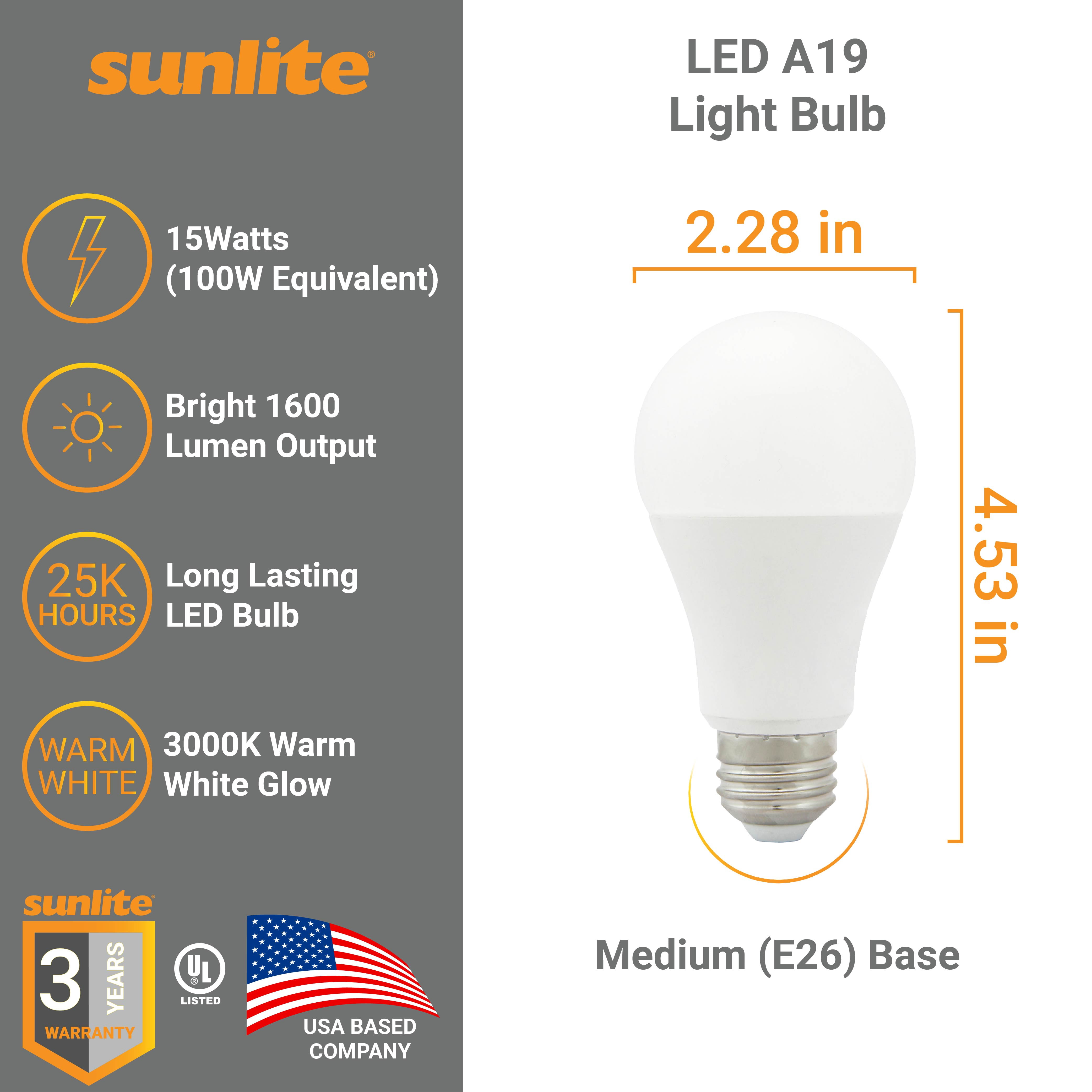 Sunlite LED A19 Light Bulb, 15 Watts (100 Watt Equivalent), 1600 Lumens, 120 Volts, Dimmable, Medium E26 Base, UL Listed, 3000K Warm White, 6 Pack