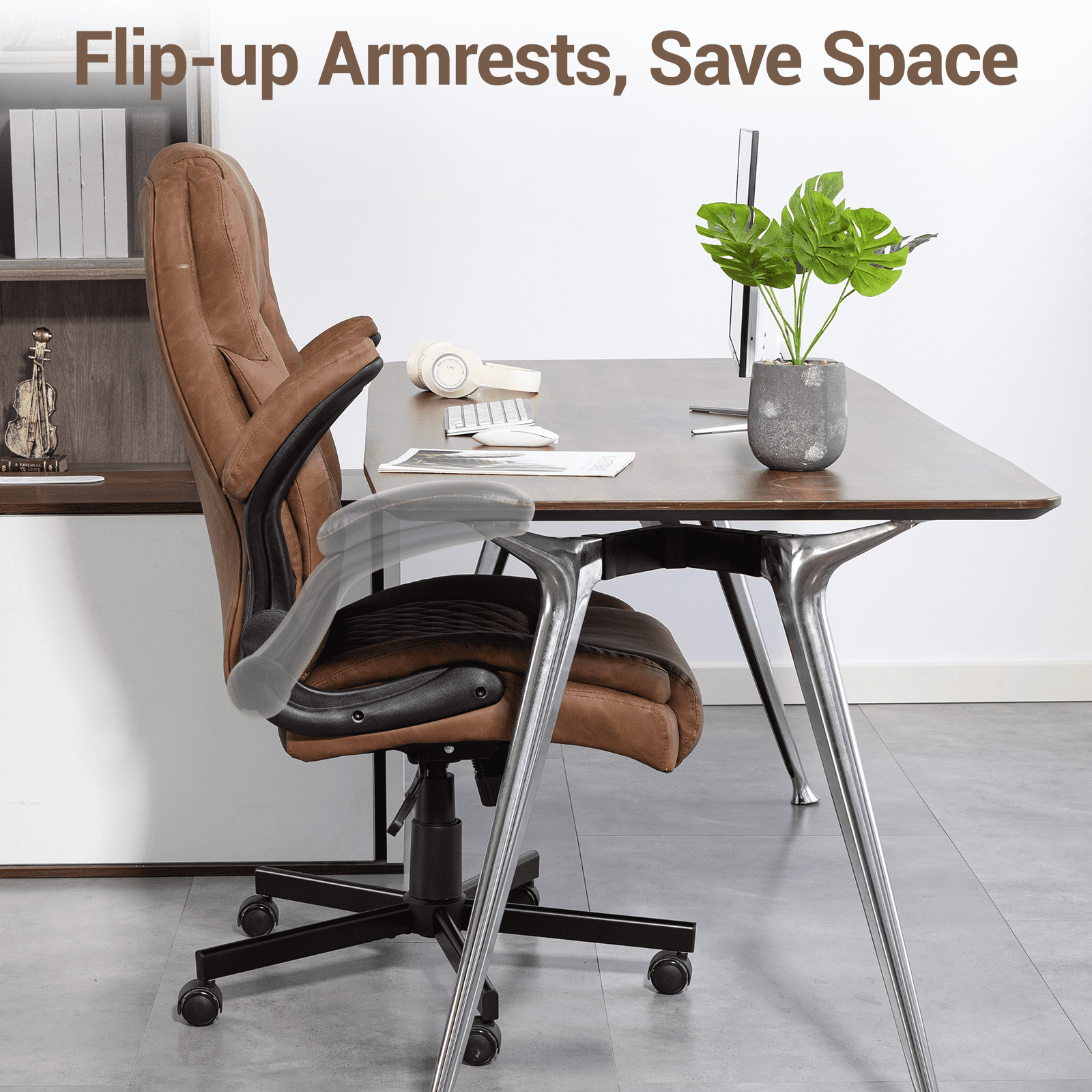 WENTUM High Back Executive Office Chair, Ergonomic Computer Desk Chair with Rocking Function, PU Leather, Flip-Up Armrests and Lumbar Support, Brown
