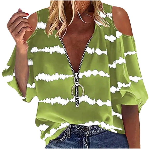 Odeerbi Womens Tops Dressy Casual Off The Shoulder Tops Erogenous Pullover Blouse Half Sleeve Zipper Printed Shirt Green