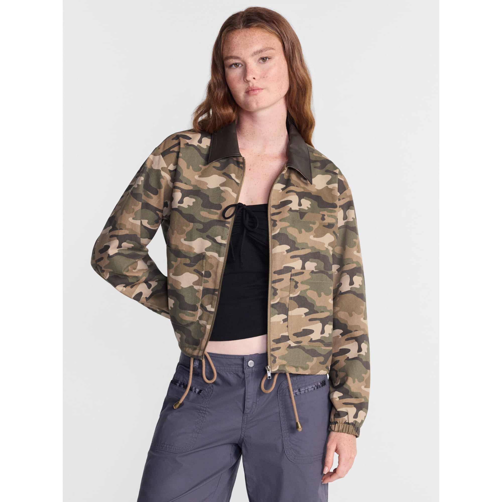 No Boundaries Cotton Twill Barn Jacket with Faux Leather Collar, Women's XXS-4X