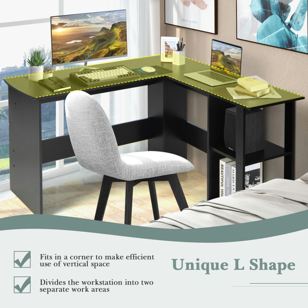 Demi Bonn L Shaped Corner Computer Desk with Storage Shelves, Small Home Office Desk Study Writing Table, Black