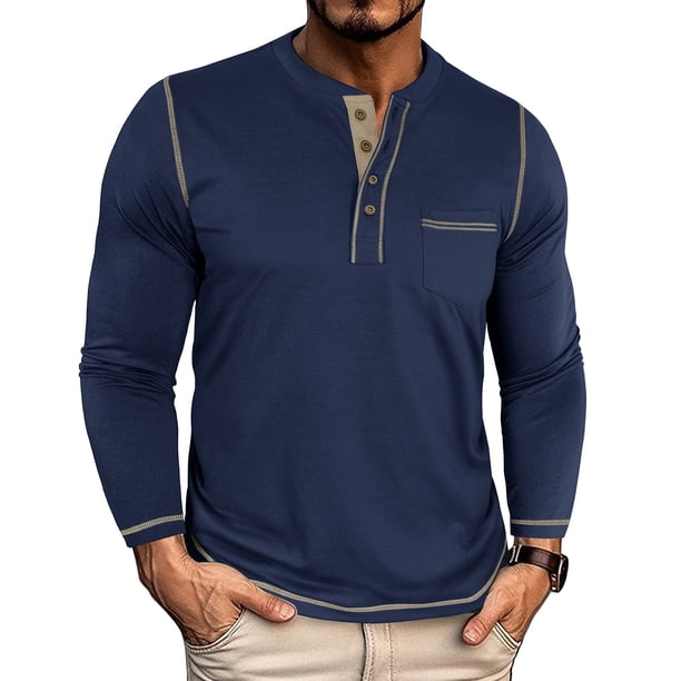 pstuiky Camisas de manga larga de invierno para hombre, Camiseta informal de manga larga con cuello redondo y bolsillos abotonados para hombre, color liso, transpirable xl