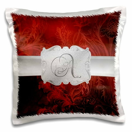 - 3dRose Letter A, Lavish Red Leaf Print with Silver Frame - Pillow Case, 16 by 16-inch