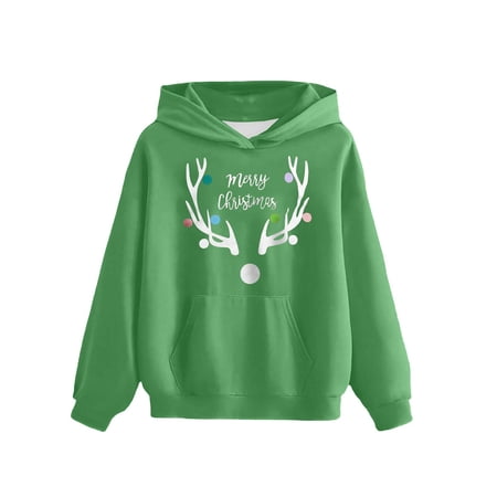 IVEYRTF Christmas Printed Hooded Sweatshirt Long Sleeve Round Neck Top for Boys Girls Holiday Casual Wear Soft Fabric Childrens Shirt Kids Apparel Festive Outfit(Green 13 Years)