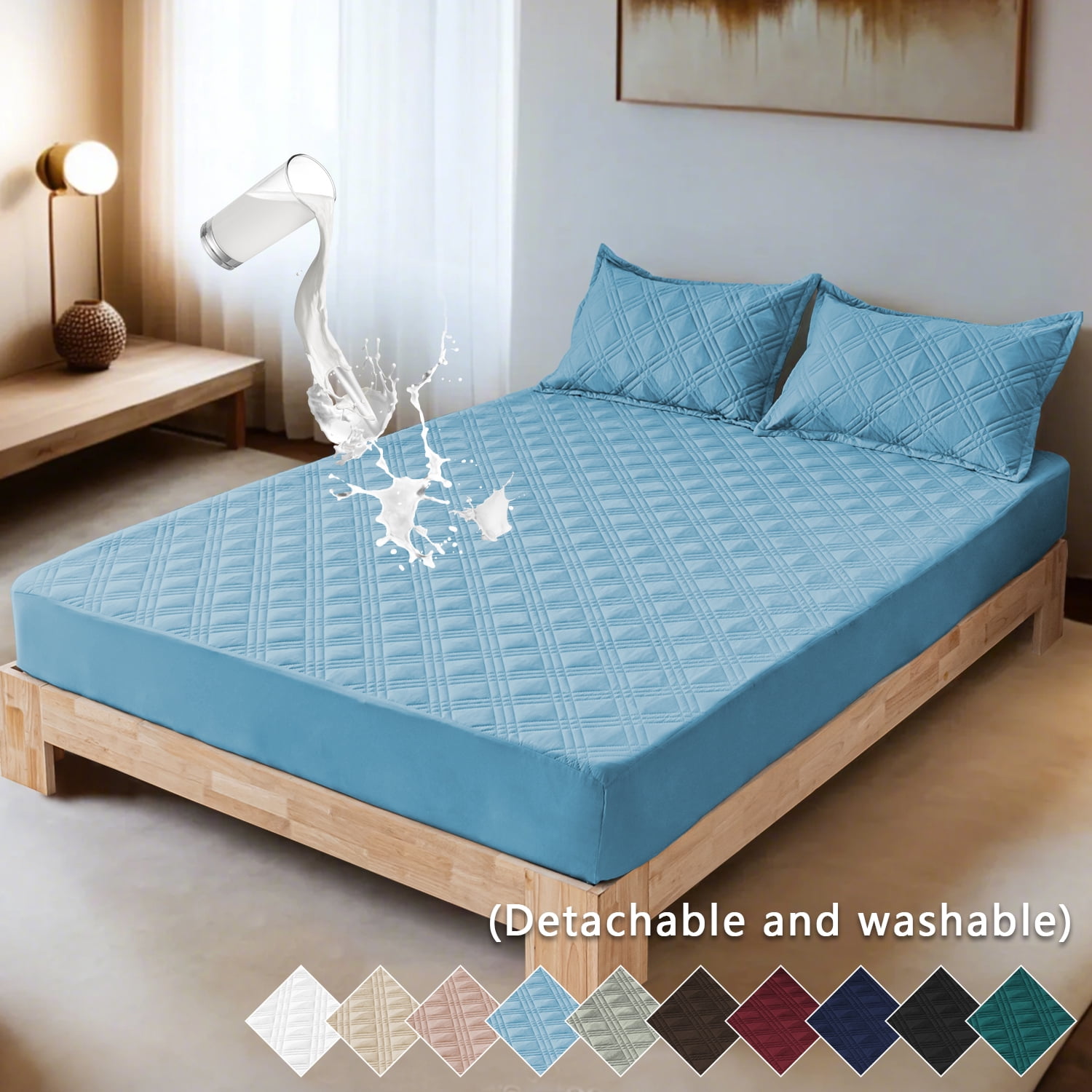 Waterproof Fitted Mattress Pad Cover Protector Queen Size Bed Quilted Mattress Cover Cotton Mattress Topper Dust Cover Soft Washable 12 Inch Deep Pocket Elastic Band（Blue）
