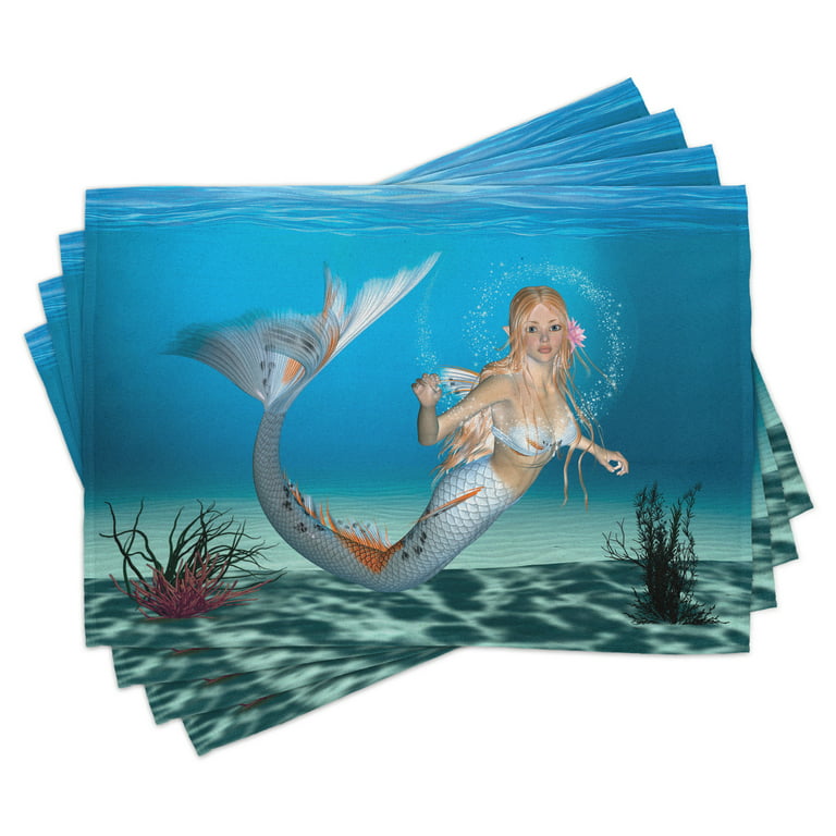 Mermaid Placemats Set of 4 Graphic of a Mermaid in Tropical Ocean Magical  Legendary Fairytale Creature, Washable Fabric Place Mats for Dining Room  Kitchen Table Decor,Navy Ocean Blue, by Ambesonne 