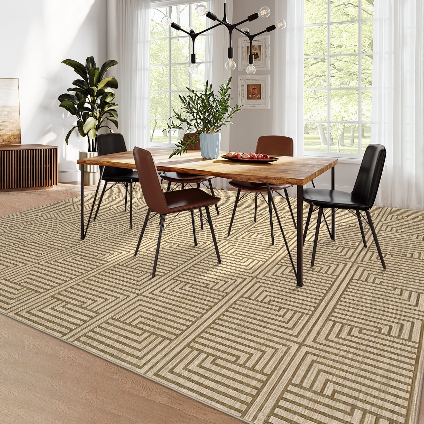 Outdoor Rug, 10x13ft Bordered Light Brown Modern Area Rugs for Indoor and Outdoor Patios, Porches Waterproof Washable Porch Deck Outside Carpet