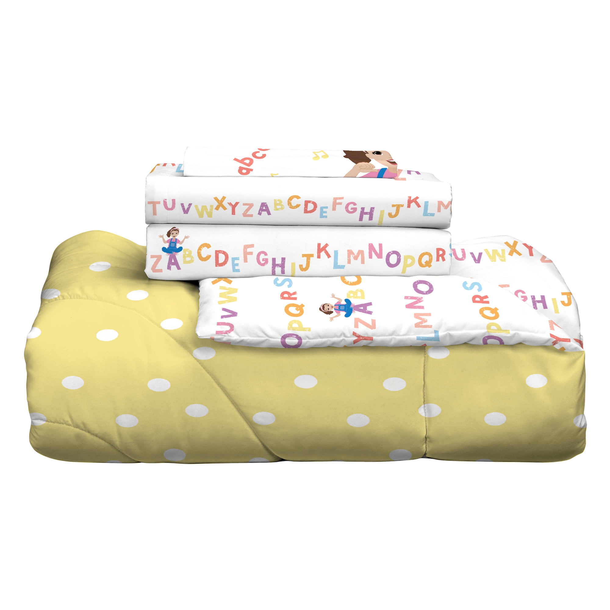 Ms. Rachel Kids 4 Piece Yellow White Polka Dot Reversible Comforter, Bed in a Bag, Twin