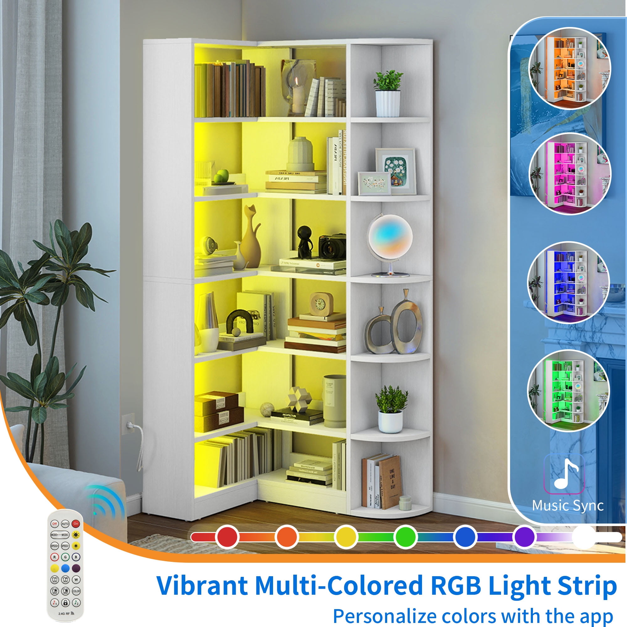 Uforic 6 Tier Bookshelf with LED Light, 70.8 " Modern White Bookcase, L-Shaped Bookcase Corner shelf Storage Organizer Display Shelf for Home Office, Living Room,Bedroom