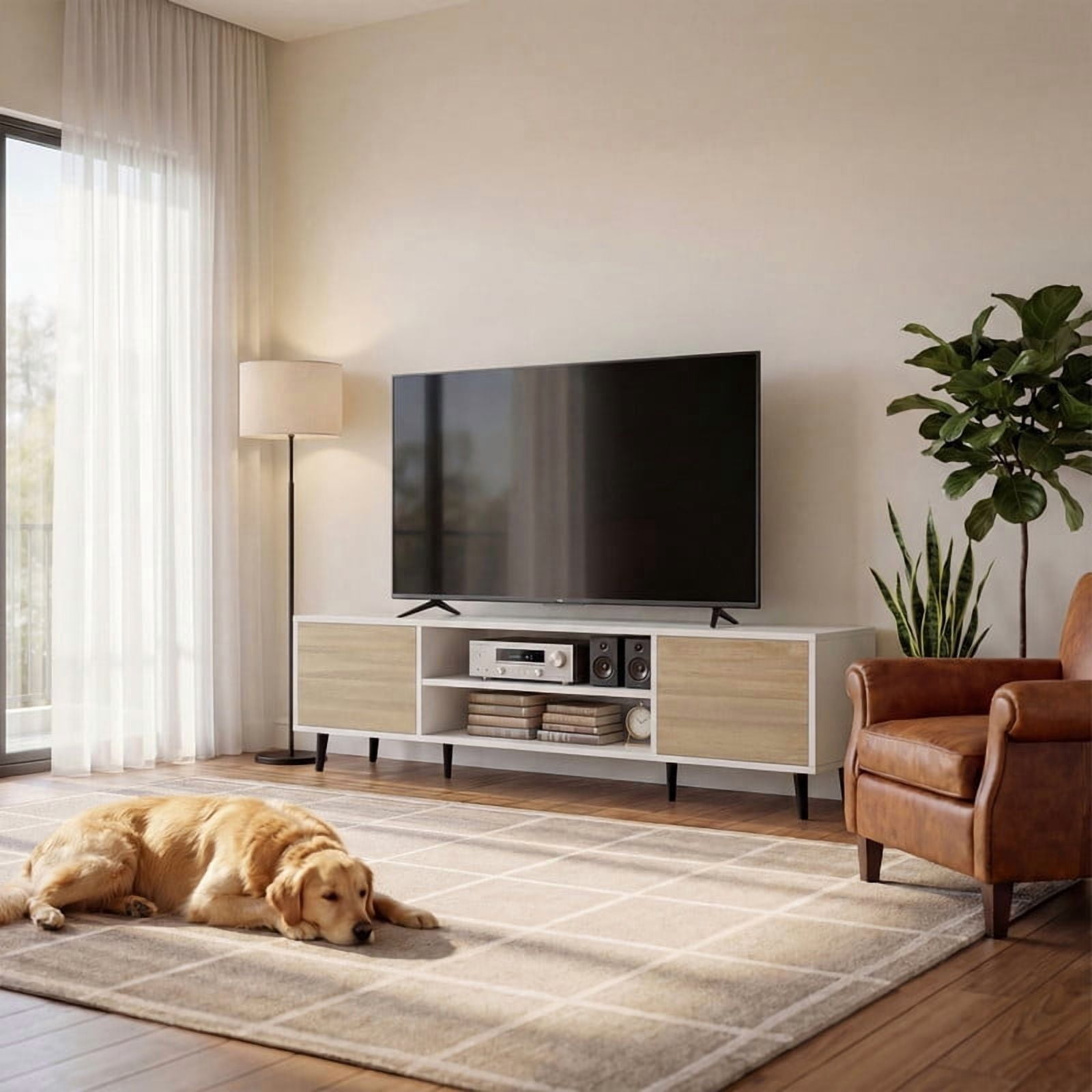 Homall 63'' Mid-Century Modern TV Stand for TVs up to 70 Inches, Wood Entertainment Center with Storage Cabinets & Open Shelves, TV Console Table for Living Room,White