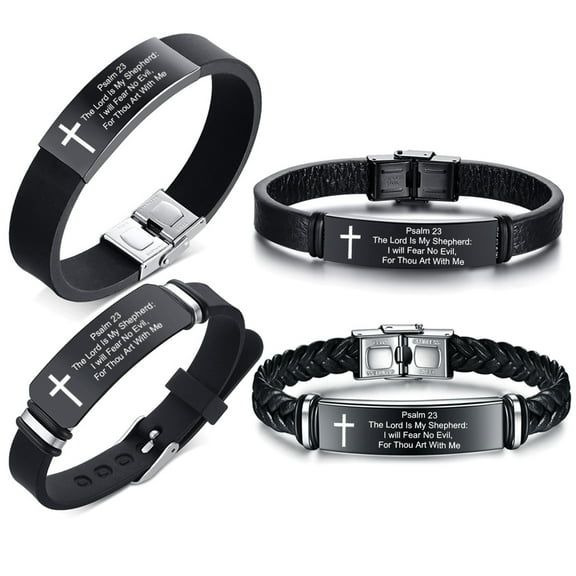4Pcs Psalm 23 Men's Inspirational Bible Verse Bracelets Braid Leather Silicone Cuff Bracelet Black Wristband Scripture Quote ID Jewelry Easter Baptism Confirmation Gift for Daily Reminder
