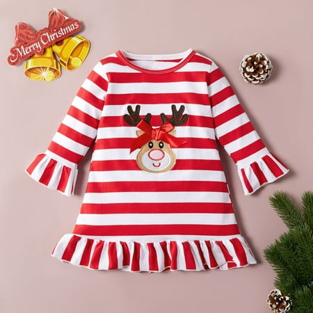 

Girls Long Sleeve Stripe Christmas Deer Dresses Toddler Princess Dress