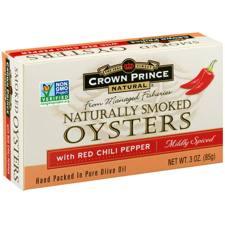 Crown Prince Natural, Naturally Smoked Oysters with Red Chili Peppers, Mildly Spiced, 3 oz (pack of