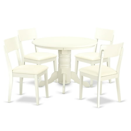 5 Piece Dinette Set - Round Table & 4 Chairs - Linen White Finish - Home Kitchen Dining Room Furniture