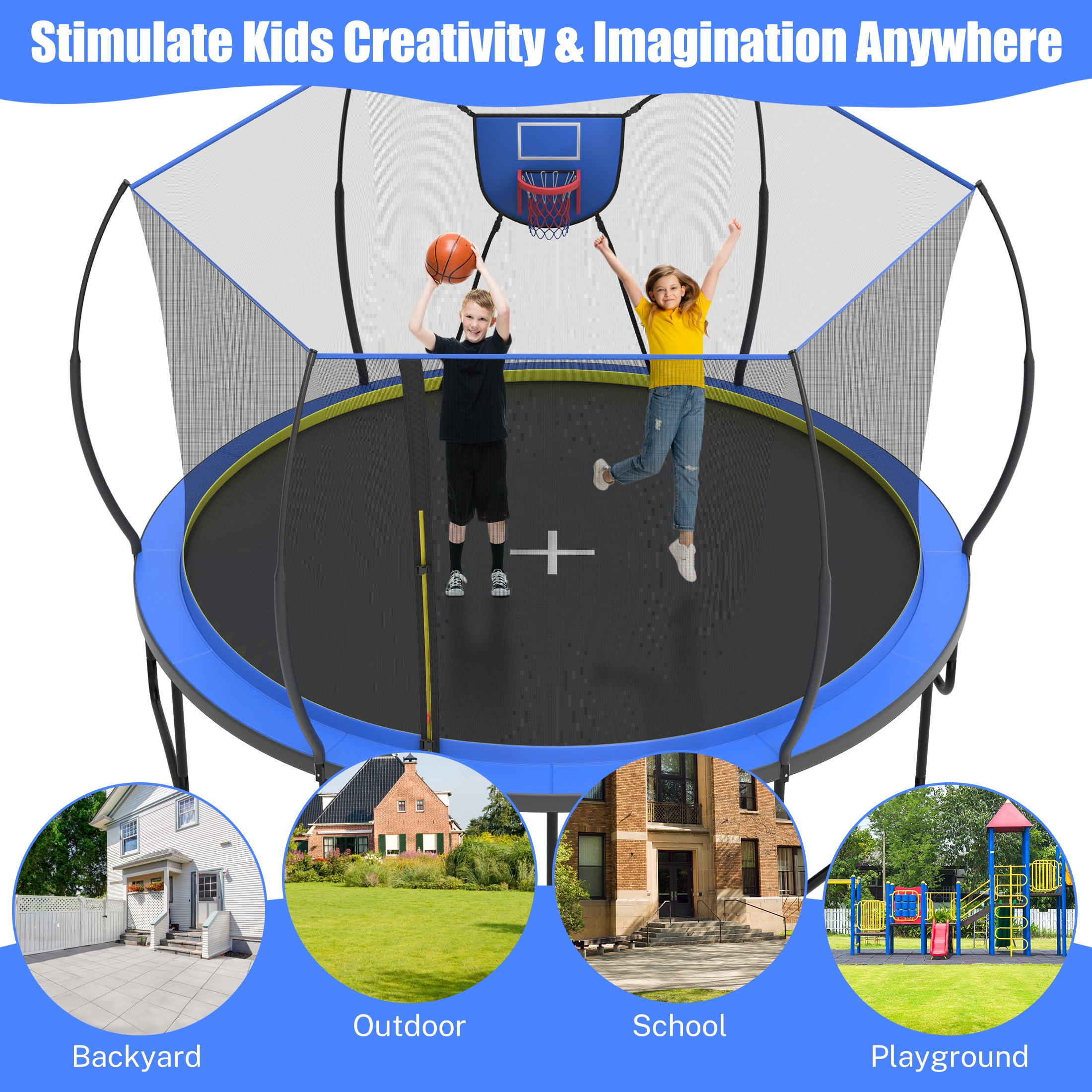 14 Ft Trampoline for Kids and Adults, Outdoor Trampoline with Fiberglass Rods and Smart Zipper System Zero Gaps, Segmart Recreational Trampoline with Enclosure Net, 880LBS Heavy Duty Trampoline