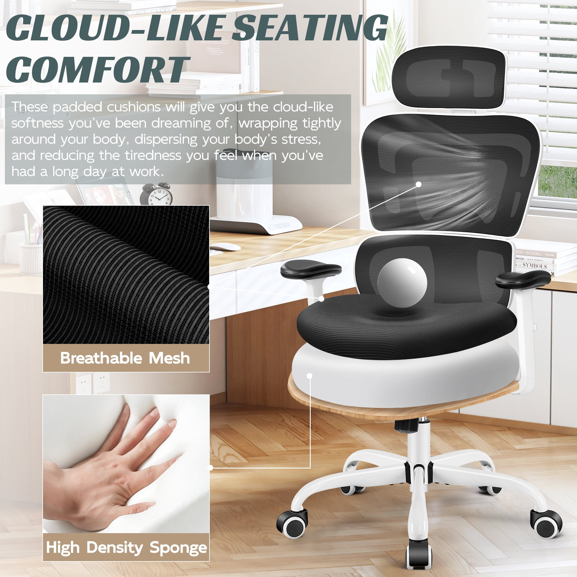 COOLHUT Ergonomic Office Chair, High Back Desk Chair, Breathable Mesh Computer Chair with Lumbar Support, Comfy Foam Cushion Home Office Chair, 300lbs, White