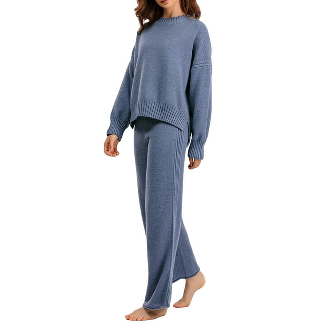 Faithtur Ensemble Décontracté pour Femmes, Chandail d'Hiver Uni à Col Rond et Pantalon à Jambe Grand, Tenues d'Hiver 2 Pcs