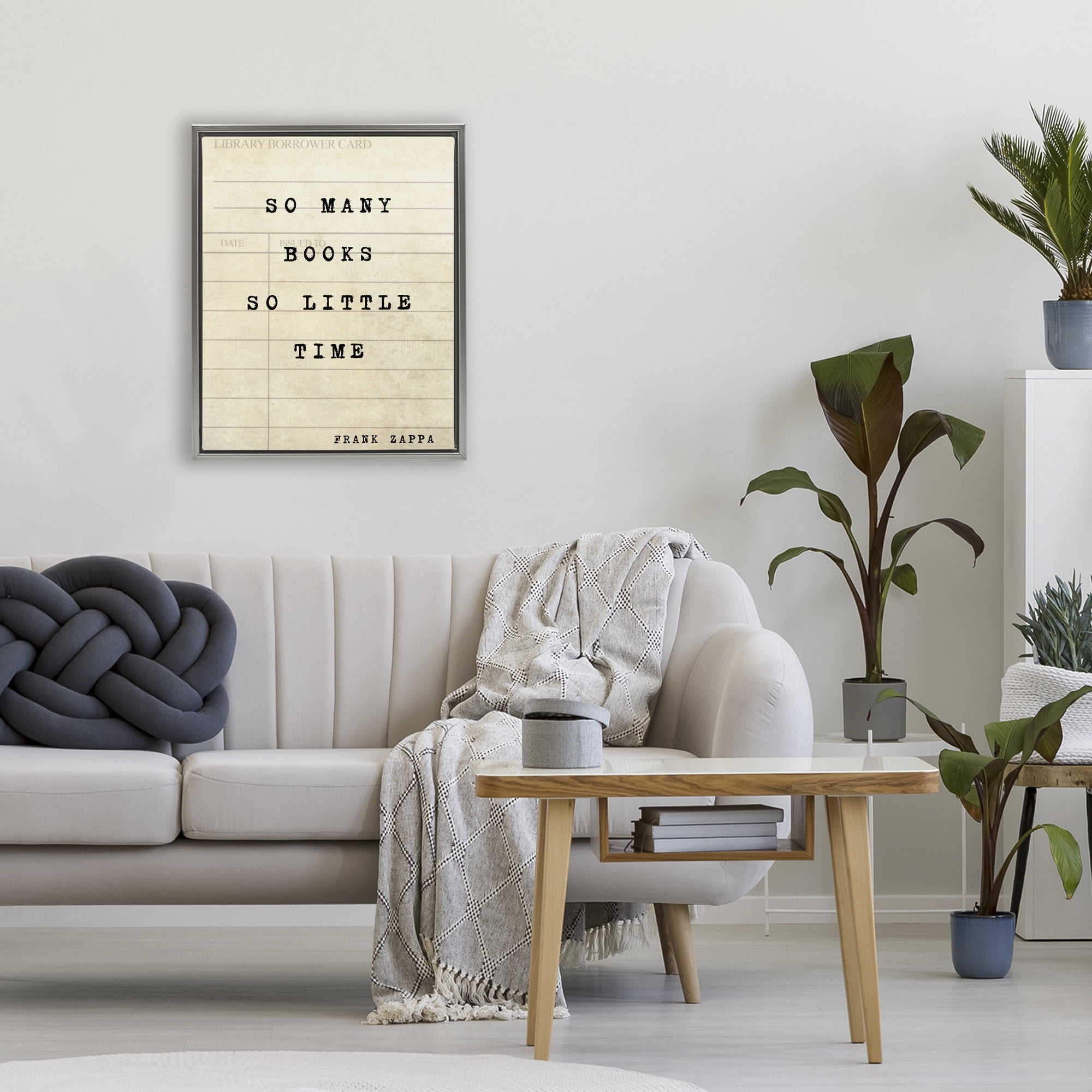 Stupell Industries Many Books & Little Time Gray Framed Floater Canvas Wall Art, design by Julia Frost
