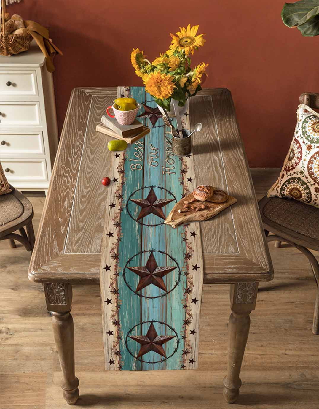 Texas Star Country Table Runner 108 Inches, Western Old Wooden Board Vintage Bed Runner Dresser Scarves Tabletop for Indoor Outdoor Parties/Ceremony/Banquet, 13"x 108"