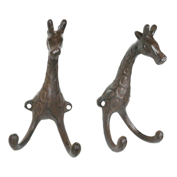 Pack Of 2 Cast Iron Safari Masai Giraffe Head Decor Double Wall Coat Towel Hooks