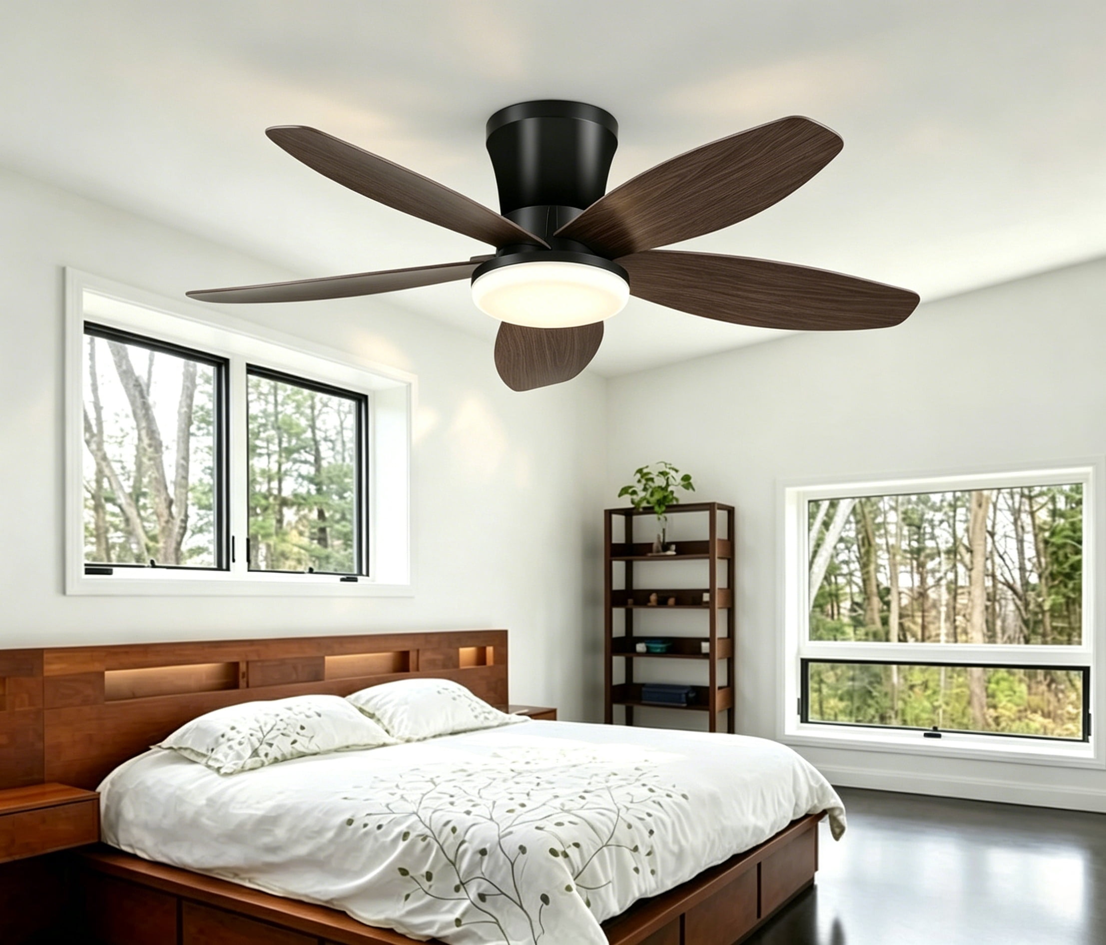 Phorus 36" Low Profile Ceiling Fan with LED Light, Remote/APP Control, Quiet Reversible DC Motor, Dimmable Modern Ceiling Fan for Bedroom, Brown