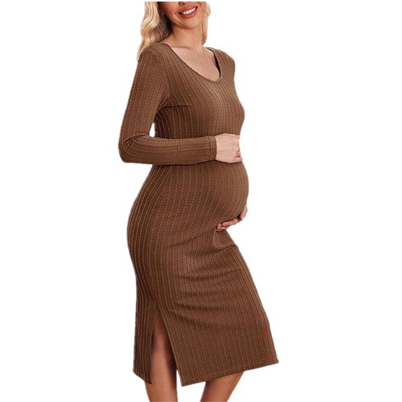 Diufon Women's Maternity Long Dress Round Neck Long Sleeve Striped Dress Pregnant Fall Winter Basic Slit Dress