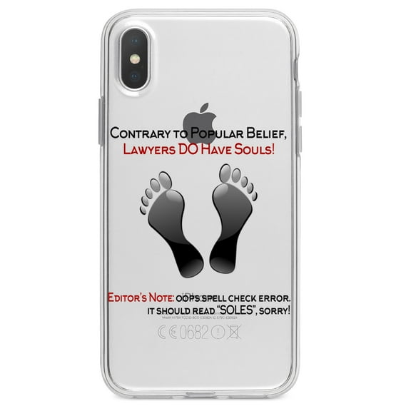 DistinctInk Clear Shockproof Hybrid Case for iPhone X / XS (5.8" Screen) - TPU Bumper Acrylic Back Tempered Glass Screen Protector - Lawyers DO Have Souls Oops Soles